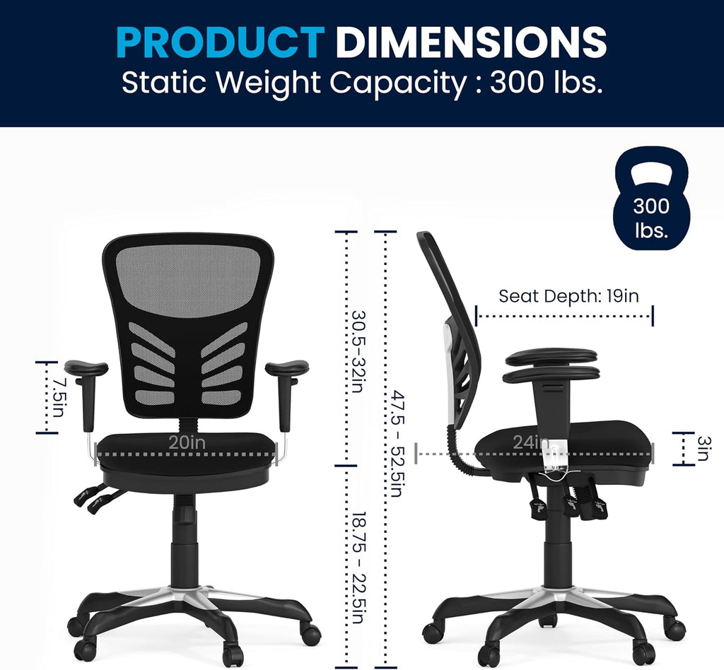 Flash Furniture Nicholas Mid-Back Swivel Desk Chair with Wheels, Mesh Back, Padded Seat, and Armrests, Adjustable Height Mesh Ergonomic Office Chair, Black