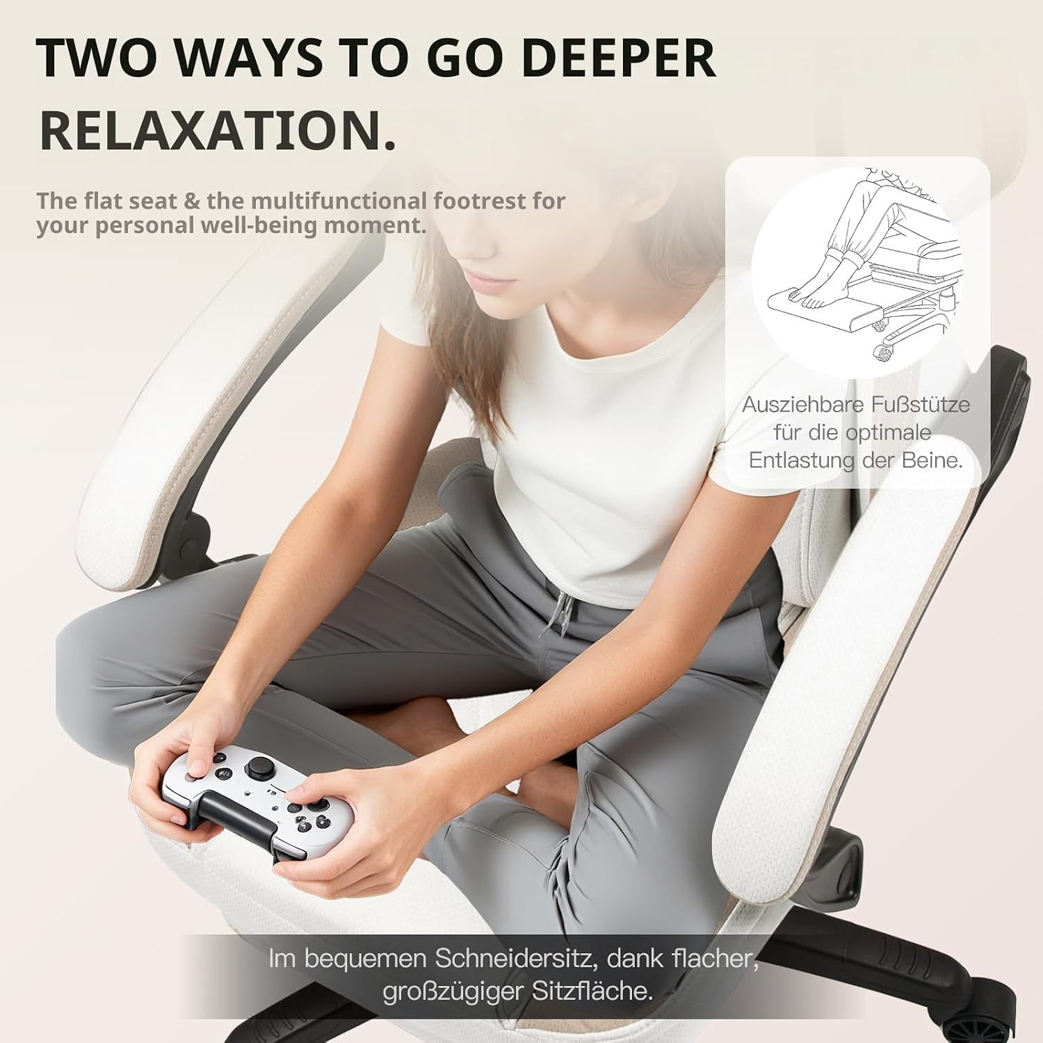 Dowinx Gaming Chair Breathable Fabric Game Chair with Gel Pad and Storage Bag, Comfortable Gamer Chair with Pocket Spring Cushion,Ergonomic Computer Chair with Footrest,Beige
