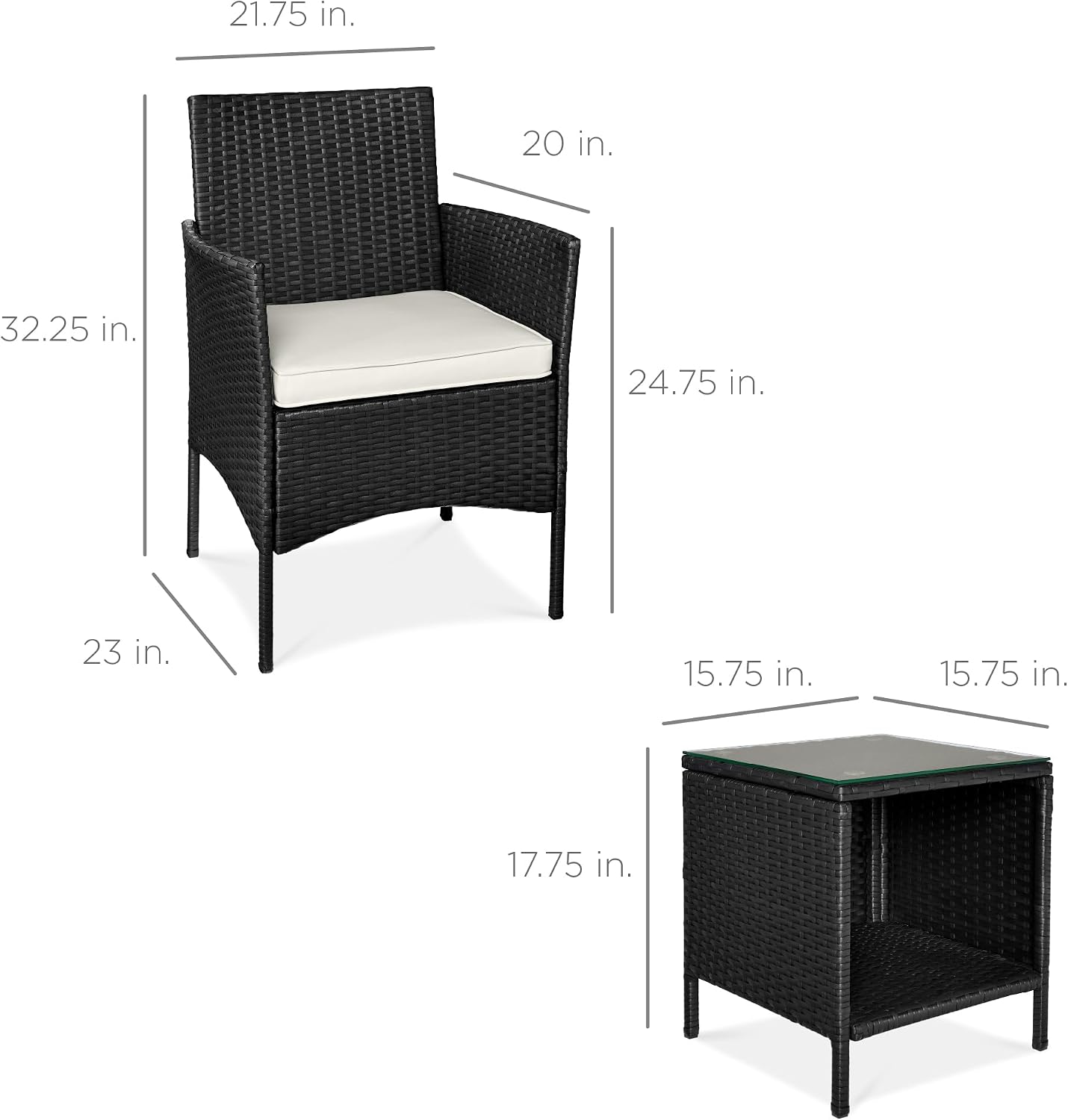 Best Choice Products 3-Piece Outdoor Wicker Conversation Bistro Set, Space Saving Patio Furniture for Garden w/Side Table - Black/White Sand
