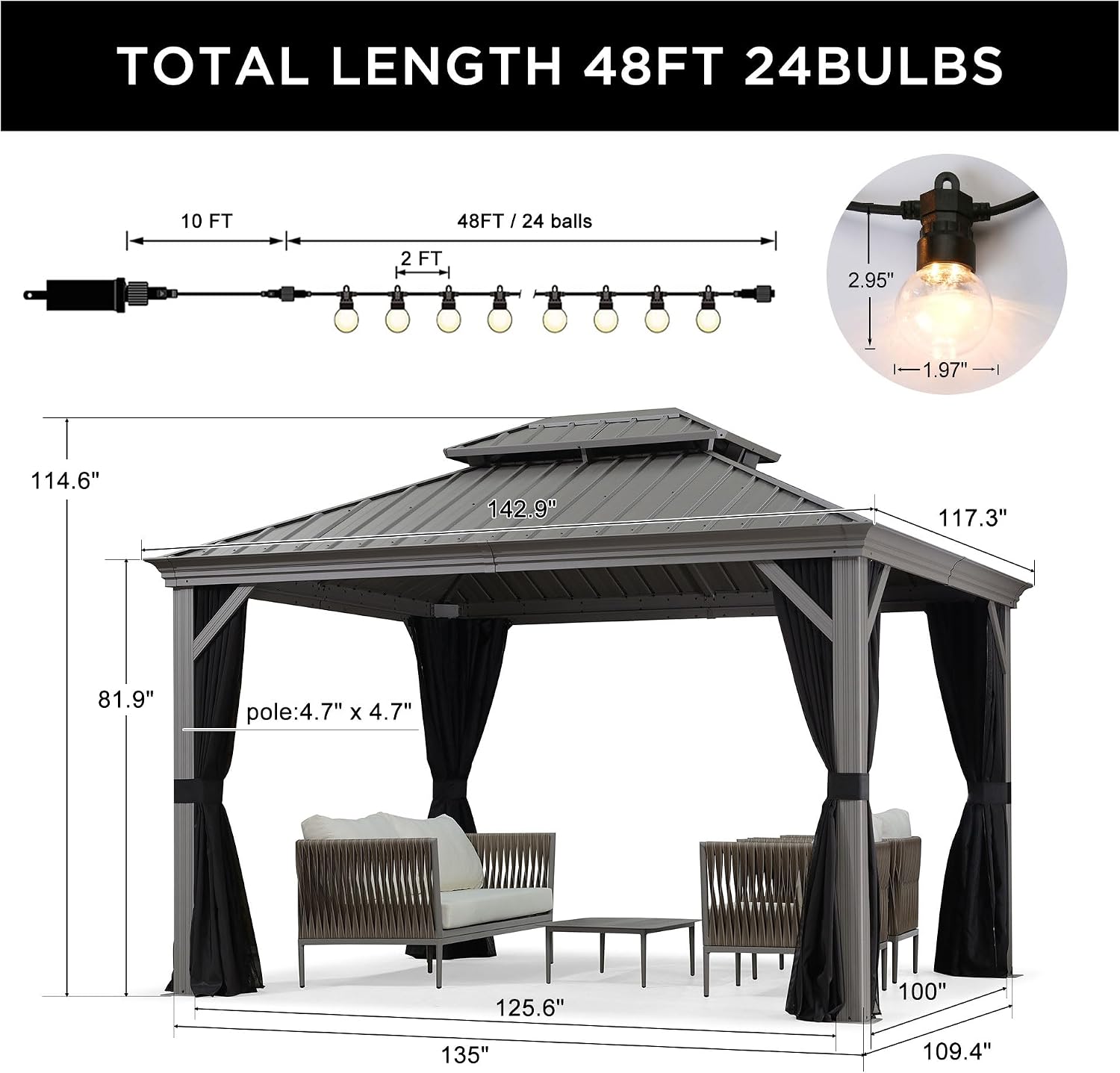 PURPLE LEAF 10' X 12' Outdoor Hardtop Gazebo with Galvanized Steel Double Roof Aluminum Frames Heavy Duty Permanent Pavilion Gazebo for Patio Deck Garden,Netting and Curtains Included, Light Grey