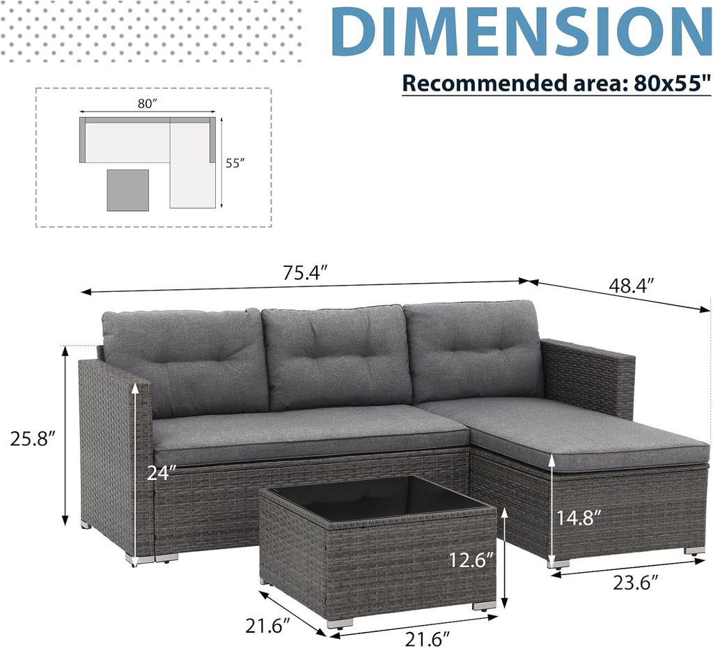 JOIVI 3-Piece Patio Furniture Set, Outdoor Wicker Rattan Sectional Sofa & Patio Couch with Cushions, Tempered Glass Coffee Table, All-Weather Sectional Set for Outdoor Patio, Gray