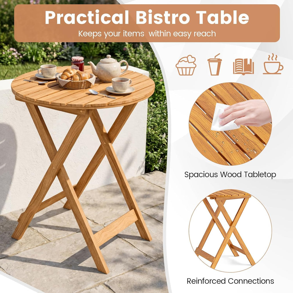 Giantex 3Pcs Patio Bistro Set, Wood Folding Table Set, 2 Cushioned Chairs for Garden Yard, Outdoor Furniture Round Table (Natural & Beige)
