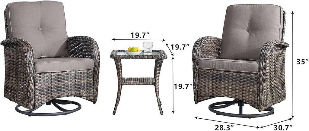HUMMUH Outdoor Swivel Chairs,3 Pieces Patio Furniture Set with 360 Degree Wicker Swivel Rocking Chairs and Side Table for Garden,Porch,Backyard (Brown/Grey)
