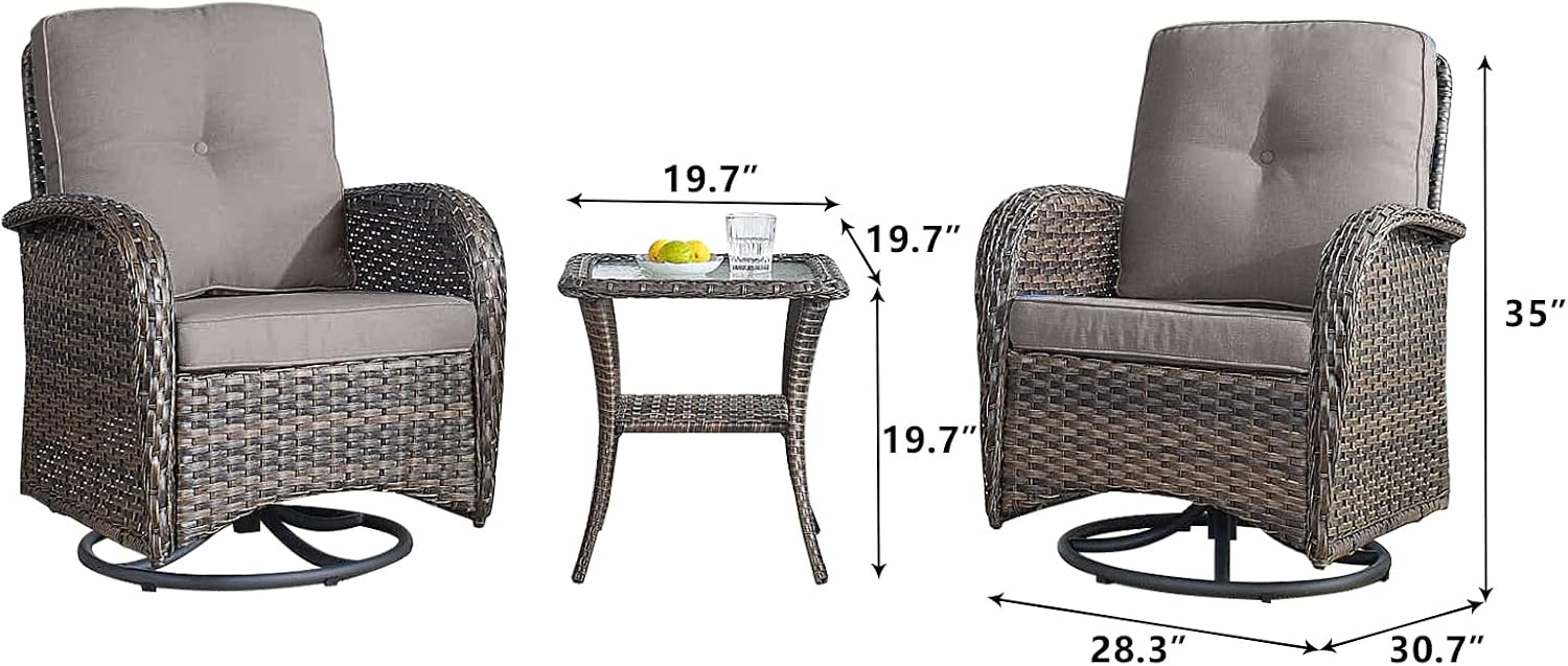 HUMMUH Outdoor Swivel Chairs,3 Pieces Patio Furniture Set with 360 Degree Wicker Swivel Rocking Chairs and Side Table for Garden,Porch,Backyard (Brown/Grey)