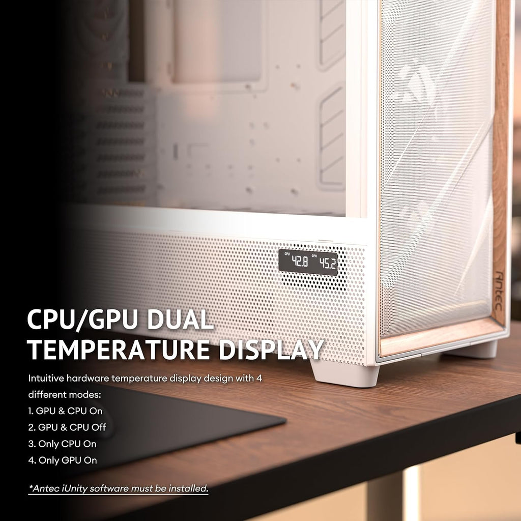 Antec Flux Pro White, 6 x PWM Fans Included, High-Airflow Front Panel with Birch Wood, iShift PSU 90° Mount, USB3.0 x 2, Type-C, 420mm Radiator Support, Temp. Display, Full-Tower E-ATX PC Case