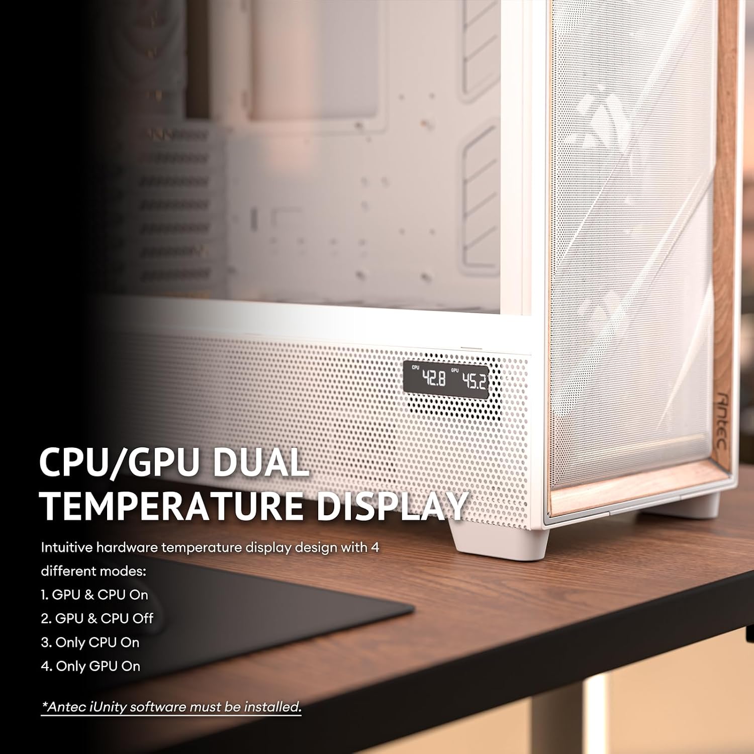 Antec Flux Pro White, 6 x PWM Fans Included, High-Airflow Front Panel with Birch Wood, iShift PSU 90° Mount, USB3.0 x 2, Type-C, 420mm Radiator Support, Temp. Display, Full-Tower E-ATX PC Case