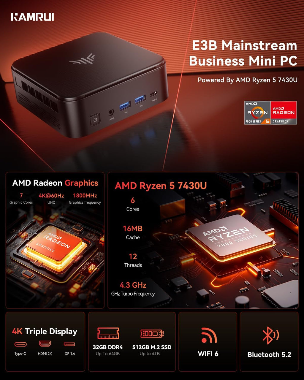KAMRUI Gaming PC with 7430U, 32GB RAM 512GB M.2 SSD Mini PC, Mini Gaming Computer with 6 USB-A, USB-C, HDMI, DP, Triple 4K, WiFi 6, BT 5.2