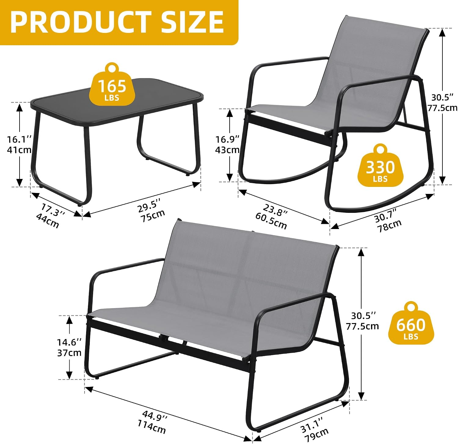 DWVO 4-Piece Patio Furniture Set, Textilene Conversation Set with 2 Rocking Chairs and Tempered Glass Coffee Table, Ideal for Indoor Patio Lawn Garden Poolside, Gray