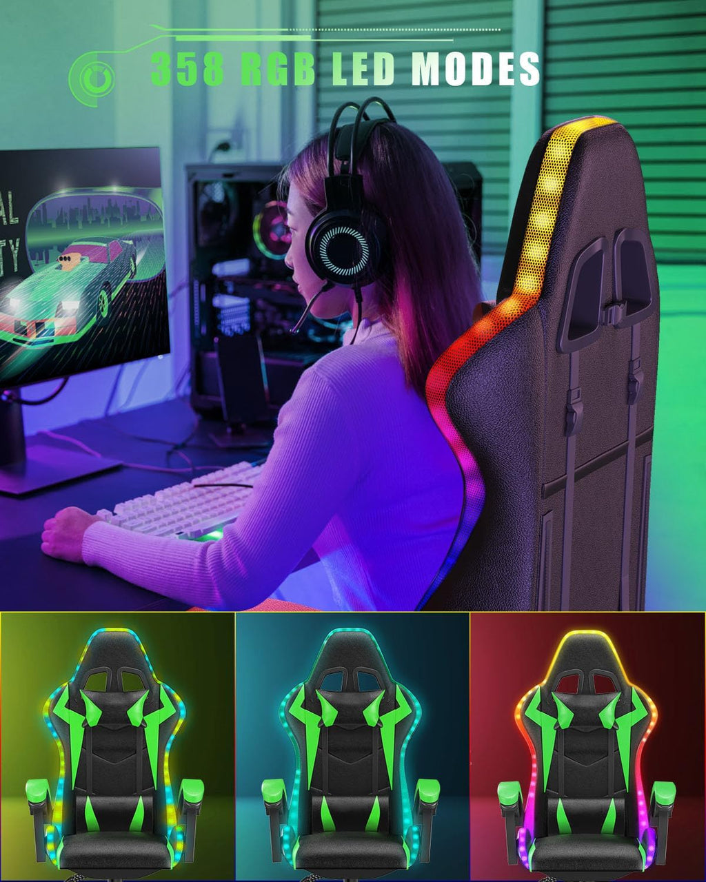 Racingreat Gaming Chair with RGB LED Lights, Ergonomic Computer Chair with Headrest and Lumbar Support, PU Leather High Back Height Adjustable Swivel Video Game Chairs for Adults(Green)