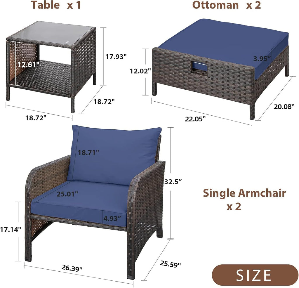 LEVELEVE Balcony Furniture 5 Piece Patio Conversation Set, PE Wicker Rattan Outdoor Lounge Chairs with Soft Cushions 2 Ottoman&Glass Table for Porch, Lawn-Brown Wicker