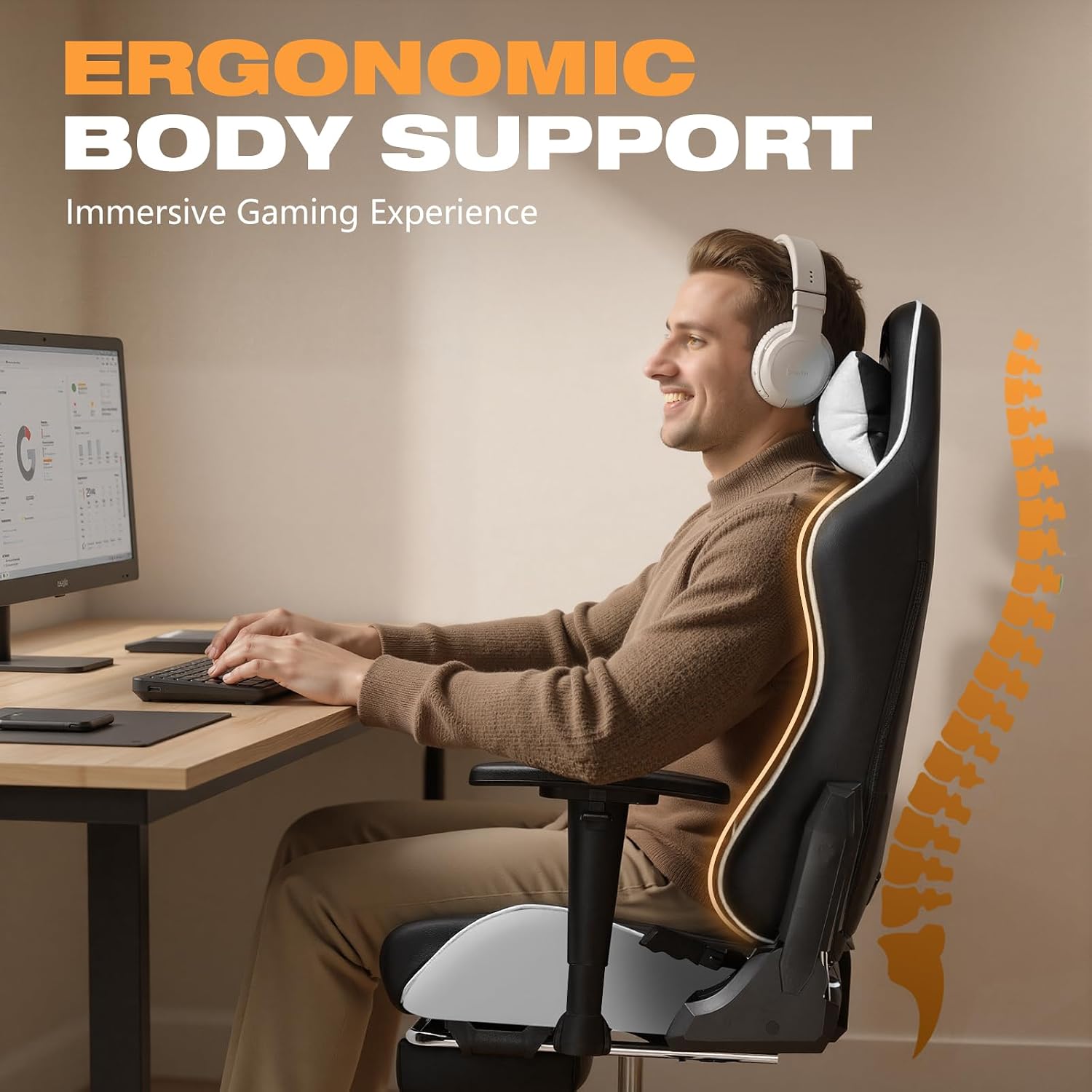Gaming Chair with Footrest, Ergonomic High-Back PU Leather Computer Chair with 3D Adjustable Armrests, Headrest and Lumbar Support, Office Desk Chair with Diamond Stitching for Adults & Teen