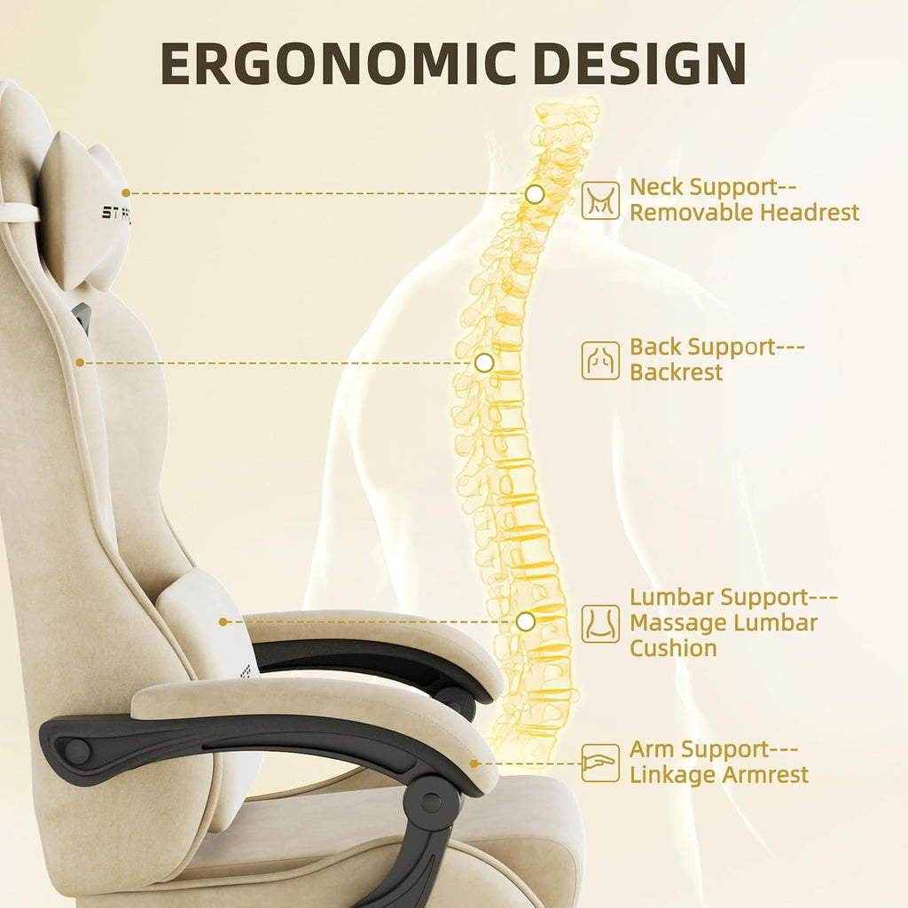 Ferghana Velvet Fabric Gaming Chair, High Back Ergonomic Gamer Chair for Adult, Comfortable Video Game Chair with Footrest and Massage Lumbar Cushion, Racing Reclining Office Computer Desk Chair Beige