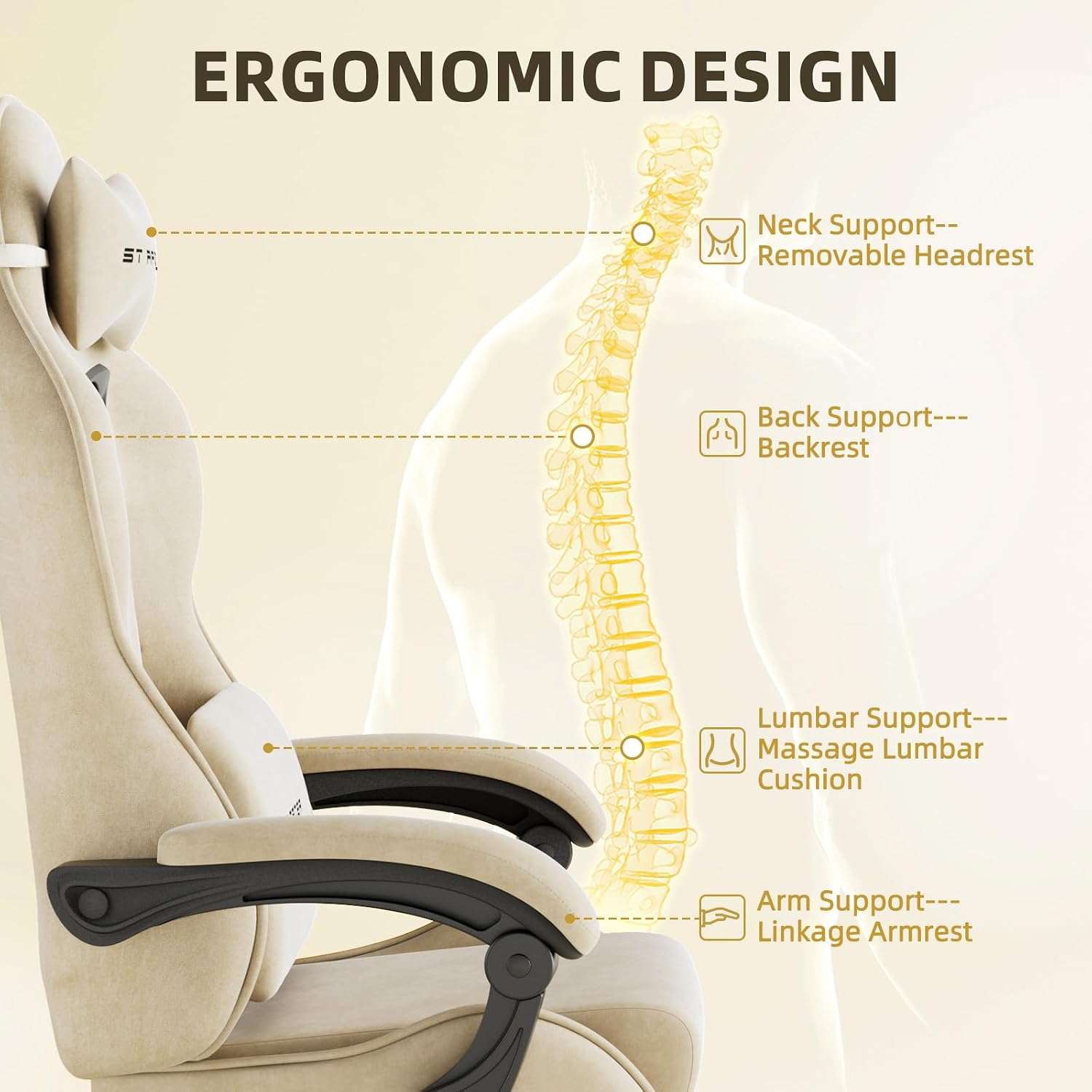Ferghana Velvet Fabric Gaming Chair, High Back Ergonomic Gamer Chair for Adult, Comfortable Video Game Chair with Footrest and Massage Lumbar Cushion, Racing Reclining Office Computer Desk Chair Beige