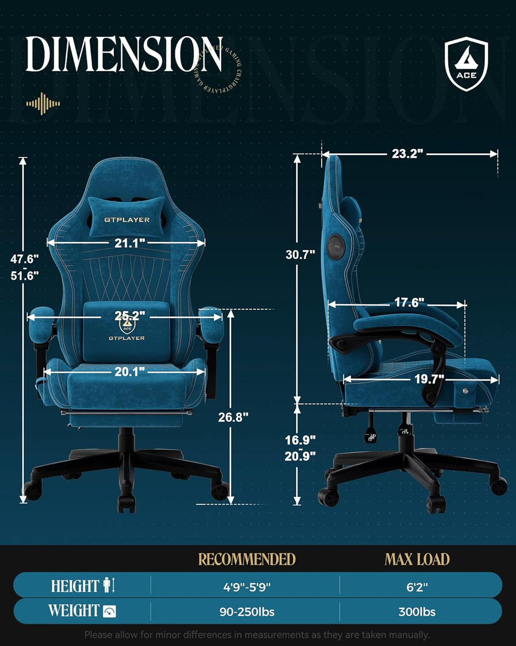 GTPLAYER Gaming Chair with Speakers, Video Game Chairs with Footrest, PC Gamer Chairs for Adults - Padded High Back Ergonomic Reclining Silla Gamer, Linkage Armrest, Ace Pro, Blue (Velvet)