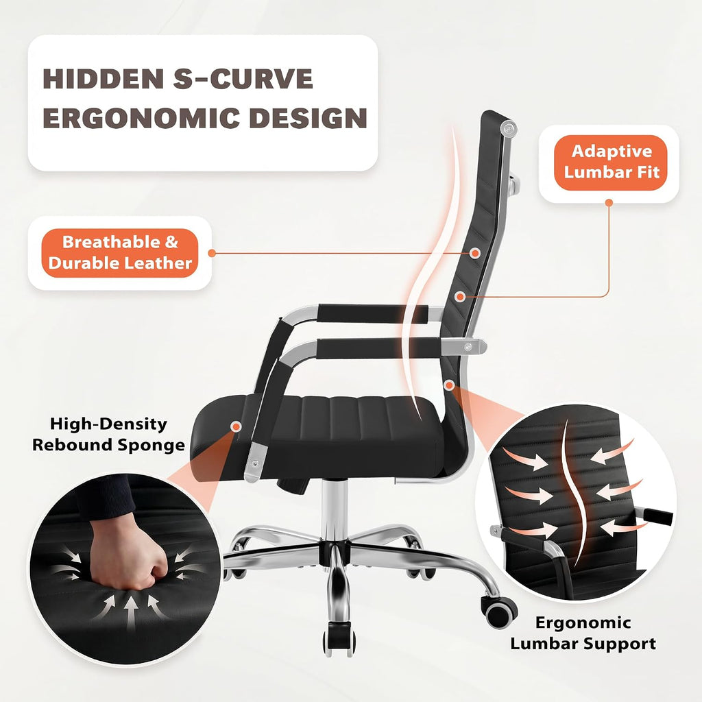 Furmax Ergonomic Office Desk Chair, Executive Ribbed Mid-Back PU Leather Conference Room Chair Adjustable Swivel Chair with Arms (4 pcs, Black)