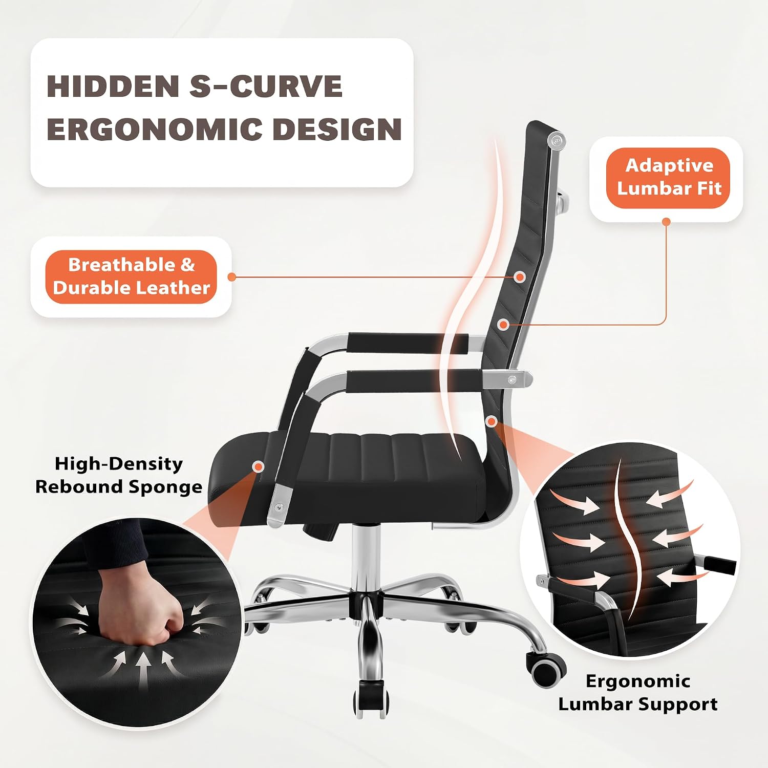 Furmax Ergonomic Office Desk Chair, Executive Ribbed Mid-Back PU Leather Conference Room Chair Adjustable Swivel Chair with Arms (4 pcs, Black)