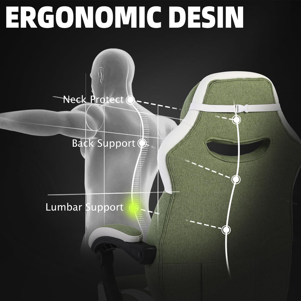 Vonesse Gaming Chair, Reclining Fabric Gaming Chairs for Adults 250LBS, Office Chair with Pocket Spring Cushion, Computer Chair with Footrest and Massage Lumbar Support (Green)