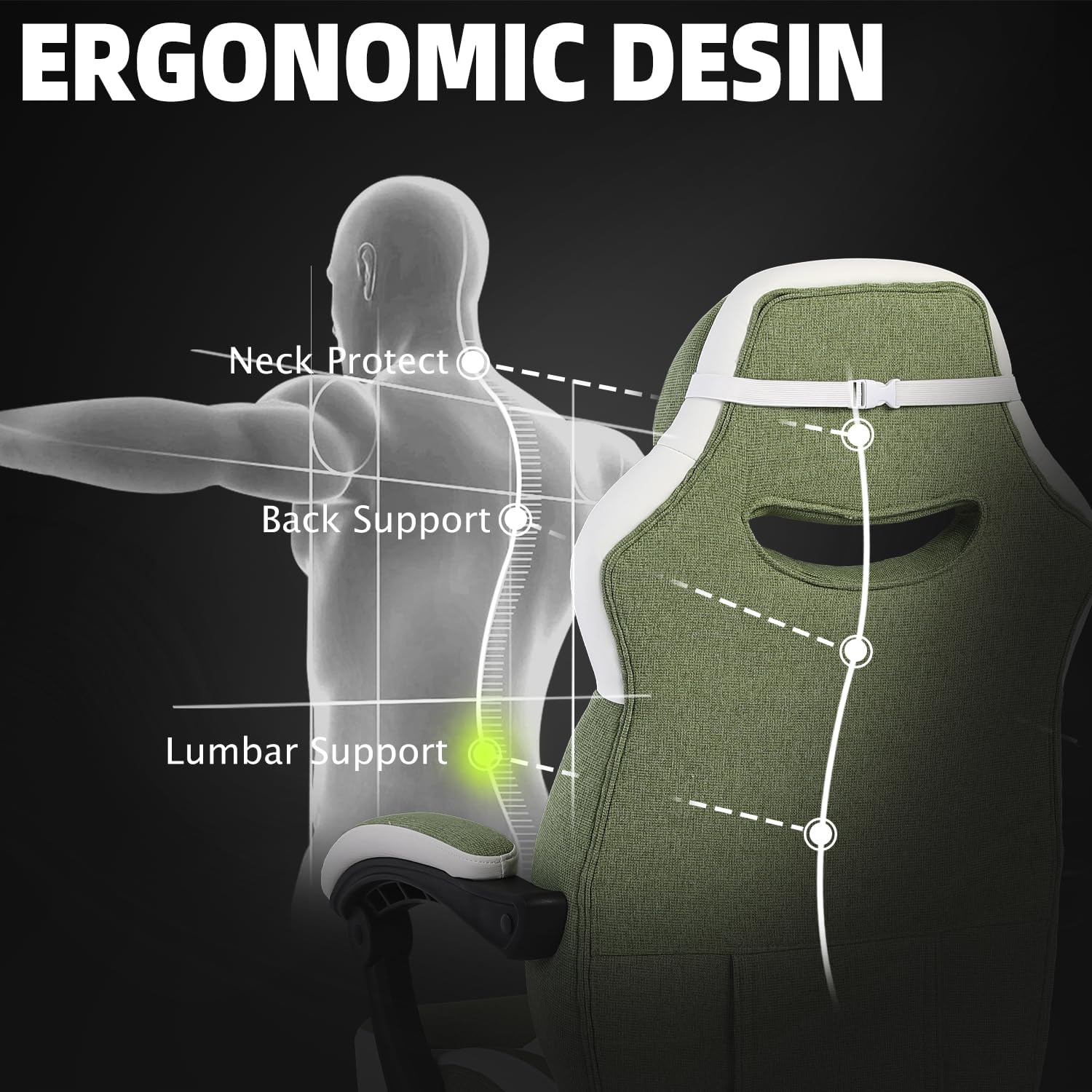 Vonesse Gaming Chair, Reclining Fabric Gaming Chairs for Adults 250LBS, Office Chair with Pocket Spring Cushion, Computer Chair with Footrest and Massage Lumbar Support (Green)