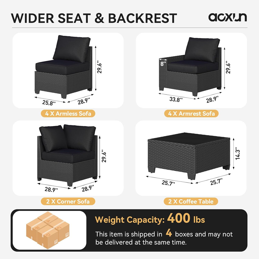 Aoxun Patio Furniture Set, 12 Pcs Outdoor Patio Furniture Sets with 4 in Thicken Cushion and Coffee Table, Widen Armrests Wicker Outdoor Sectional for Backyard & Garden, Black