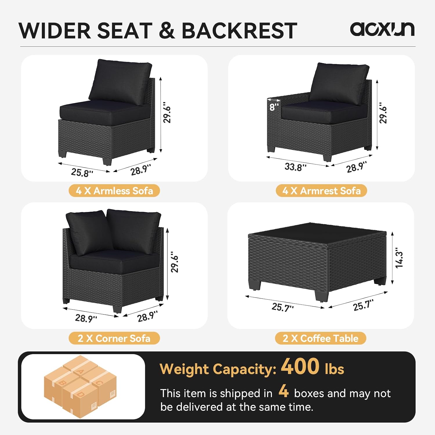 Aoxun Patio Furniture Set, 12 Pcs Outdoor Patio Furniture Sets with 4 in Thicken Cushion and Coffee Table, Widen Armrests Wicker Outdoor Sectional for Backyard & Garden, Black