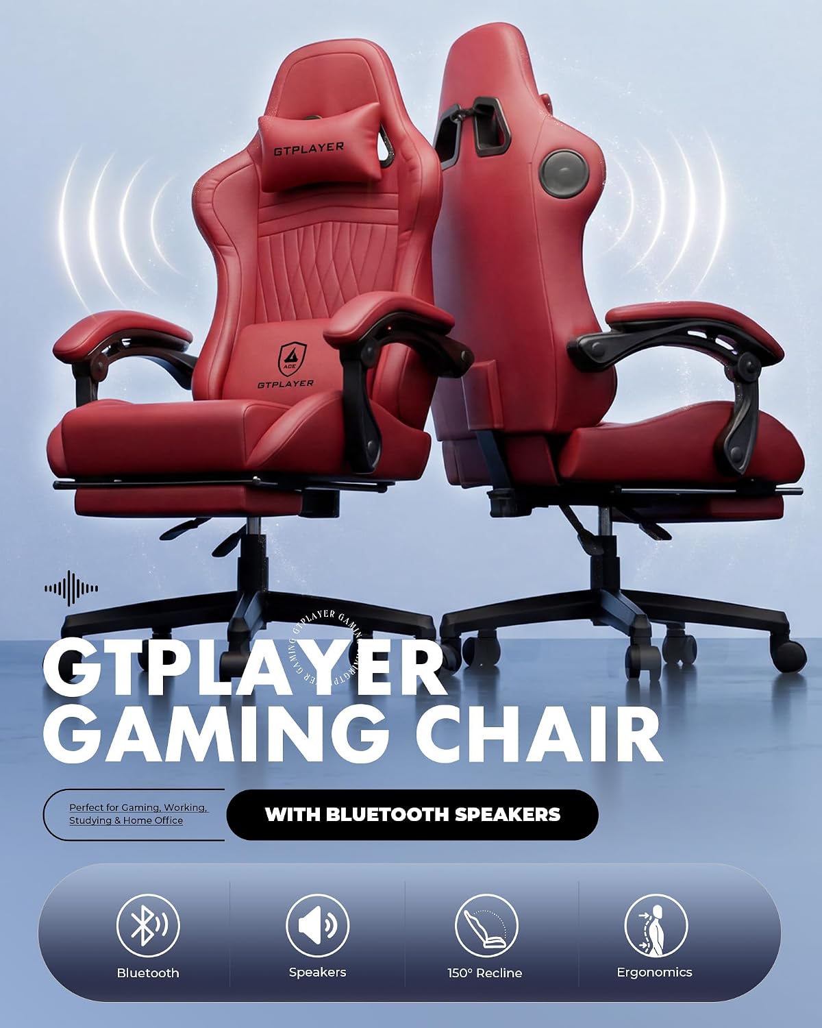 GTPLAYER Gaming Chair for Adults, Ergonomic Video Game Chairs, Footrest & Linkage Armrest, Reclining High Back Silla Gamer with Speakers for Home Office, Ace Pro, Wine Red