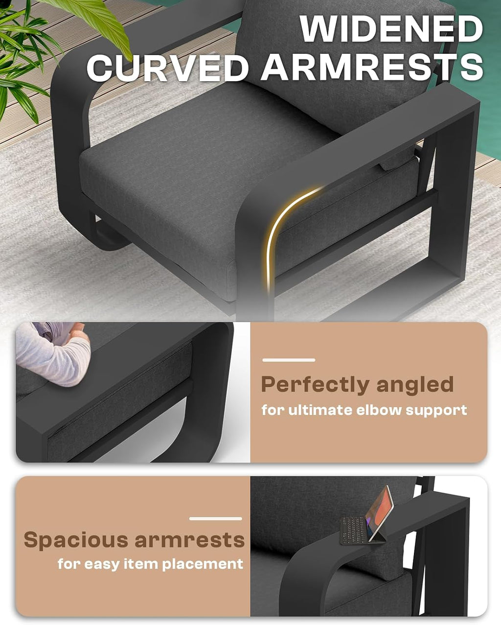 Aluminum Outdoor Sofa Bistro Set, Oversized Patio Conversation Sets Widened Armrest & Ultra-Thick Cushions, Deep Seating Patio Furniture Set for Backyard, Deck, Graphite