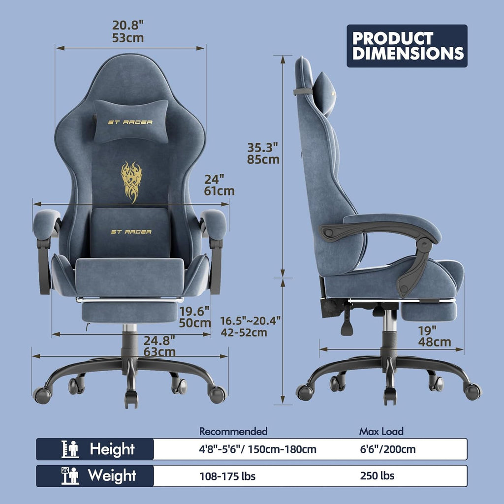 Ferghana Velvet Fabric Gaming Chair, High Back Ergonomic Gamer Chair for Adult, Comfortable Video Game Chair with Footrest and Massage Lumbar Cushion, Racing Reclining Office Computer Desk Chair Grey