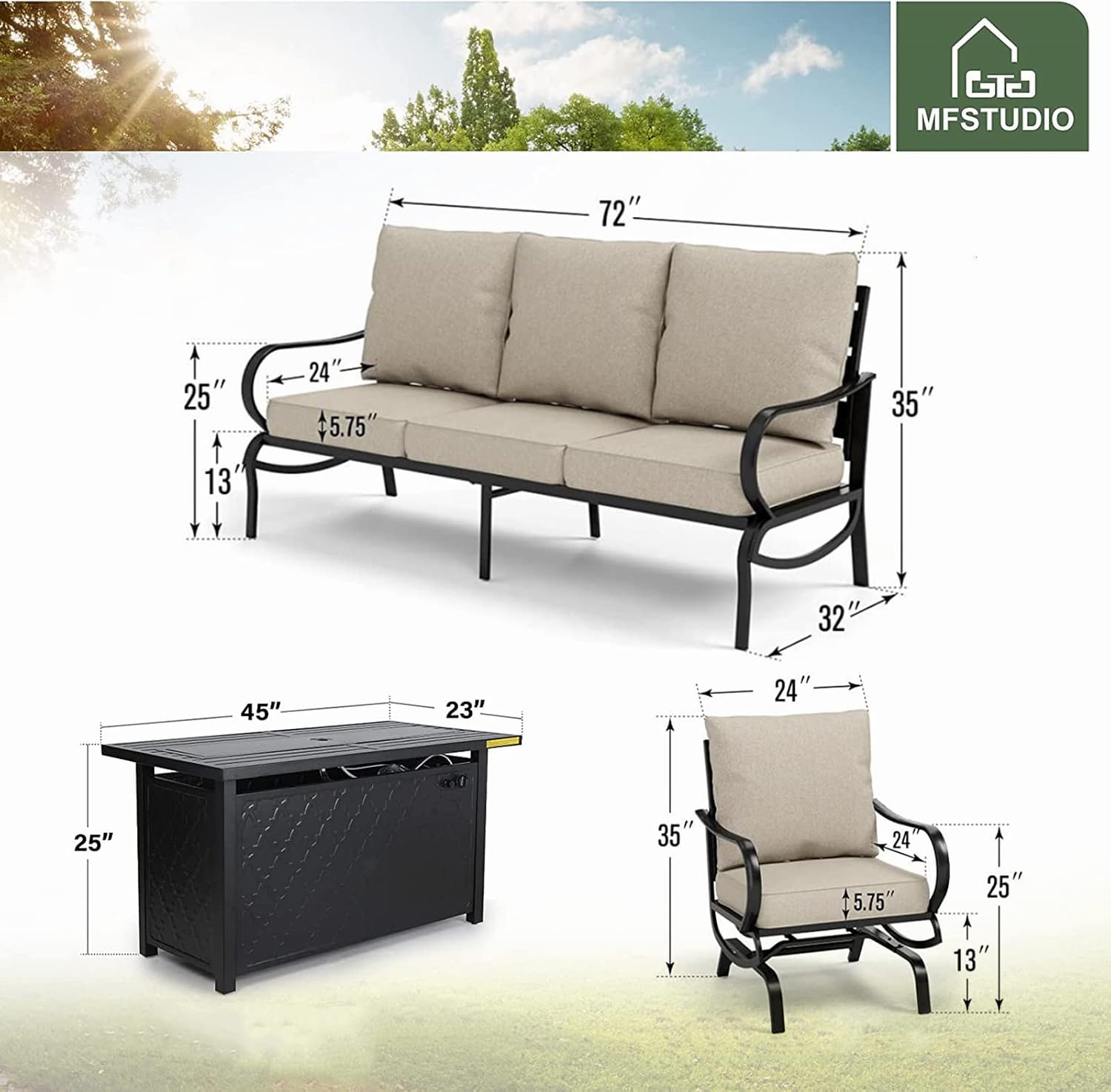 MFSTUDIO 4 Pieces Patio Conversation Sets, All Weather Metal Frame Outdoor Furniture Set Patio Sofas with 1 x 45 Rectangular Propane Fire Table, 1 x 3-Seat Sofa, 2 x Rocking Chairs, Beige Cushion