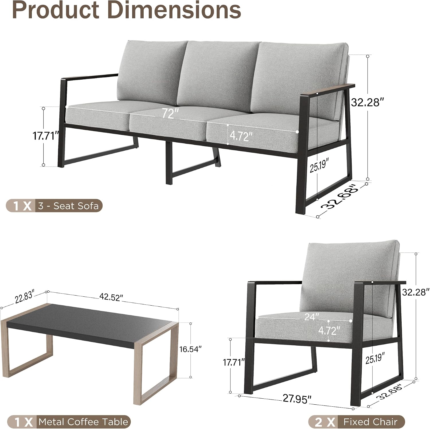 PHI VILLA Metal Patio Furniture Set,5 Seats Outdoor Patio Conversation Set,All Weather Outdoor Couch Set Patio Sofa Set with Coffee Table,Black Frame with Textilene Cushion（Backyard ICON Collection）