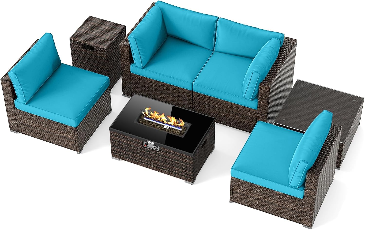 Tangkula 7 Pieces Wicker Patio Furniture Set with 40,000 BTU Gas Fire Pit Table & Propane Tank Cover Table & Glass Top Coffee Table, for Garden, Backyard and Poolside (Turquoise)