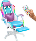 Gaming Chair with Bluetooth Speakers and RGB LED Lights, High Back Video Game Massage Chair 360° Swivel Height Adjustable Recliner with Footrest & Headrest Lumbar Support Pillows (Purple,No Speakers)