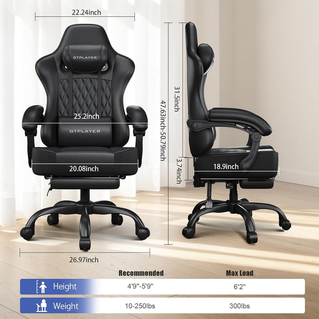 GTPLAYER Big and Tall Gaming Chair with Footrest, Ergonomic Office Desk Chair with 4.4in Thick Cushion and Wide Wingless Seat, Comfortable Leather Computer Chair, Predator Series, Satin Black