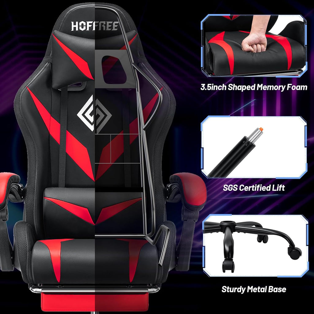 HOFFREE Gaming Chair Massage with Bluetooth Speakers and Led Lights Ergonomic Computer Gaming Chair with Footrest RGB Video Game Chair with High Back Lumbar Support Red and Black