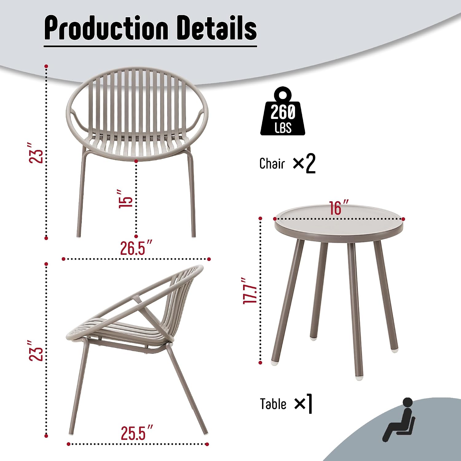 Werph Patio Furniture Set, 3 Pieces Outdoor Furniture with Bistro Table and Chairs Set of 2, Outdoor Patio Set with Porch Chairs and Table, Deck Conversation Set for Garden Poolside