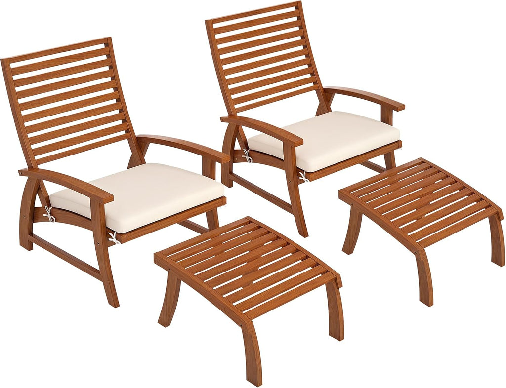 Outsunny 4 Piece Patio Furniture Set, 2 Chairs with Footstools, Outdoor Chair Set for 2 with Slatted Acacia Wood Seat and Backrest, Cushions and Ottomans, Cream White