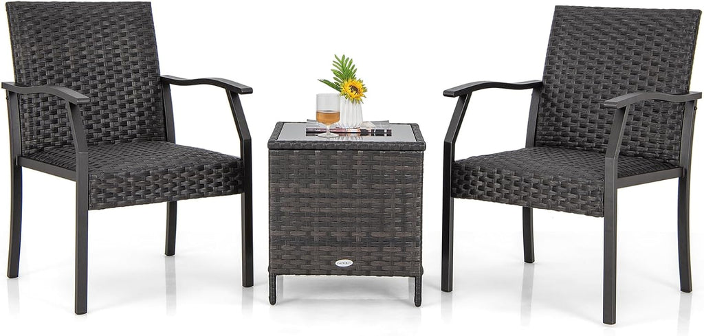 Tangkula 3 Pieces Patio Wicker Chair Set, Waterproof All Weather Resistant Heavy Duty Outdoor Conversation Set with Quick Dry Foam Seating, for Poolside, Backyard, Garden (Mix Brown)