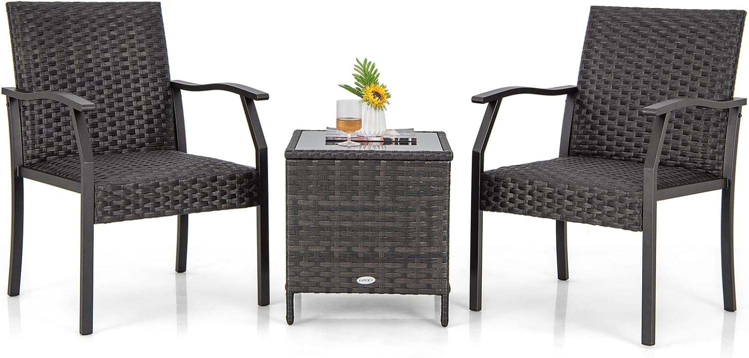 Tangkula 3 Pieces Patio Wicker Chair Set, Waterproof All Weather Resistant Heavy Duty Outdoor Conversation Set with Quick Dry Foam Seating, for Poolside, Backyard, Garden (Mix Brown)