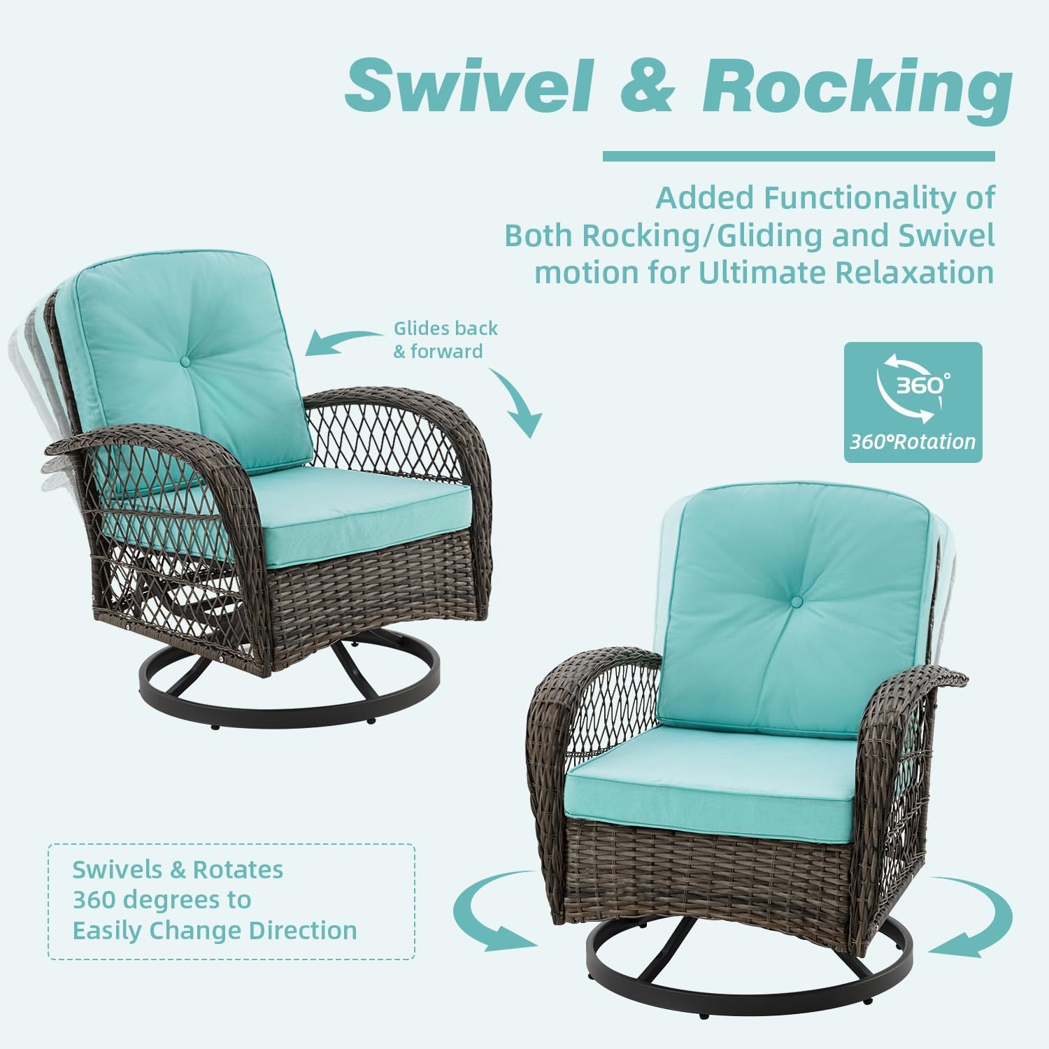 EROMMY 5 Pieces Outdoor Swivel Rocker Patio Chairs, 360 Degree Rocking Patio Conversation Set with Thickened Cushions, Glass Coffee Table and Ottomans for Backyard, Blue