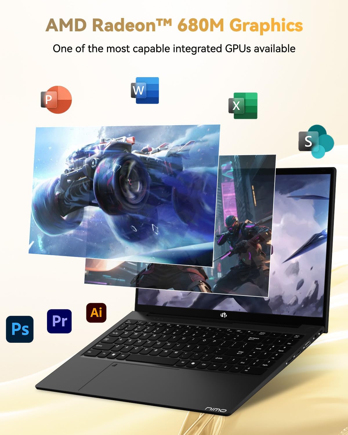 NIMO 15.6' IPS FHD-Gaming-Laptop, 8 Cores AMD Ryzen 7 Pro 6850U 32GB LPDDR5 RAM 1TB SSD (Beat i7-1360P Up to 4.7GHz) AMD Radeon 680M GPU 100W Type-C Fingerprint Backlit Keyboard, for Business