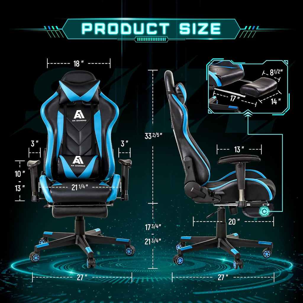 AA Products Gaming Chair High Back Ergonomic Computer Racing Chair Adjustable Office Chair with Footrest, Lumbar Support Swivel Chair - Blue