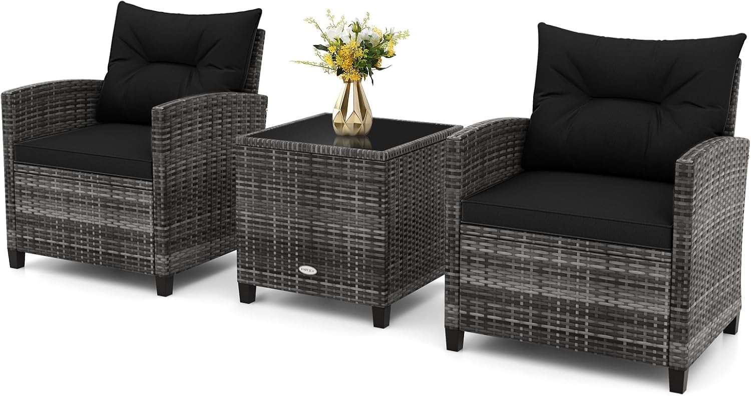 RELAX4LIFE 3 Piece Patio Furniture Set, Wicker Bistro Conversation Set w/2 Cushioned Armchairs & Glass Topped Table, Outdoor Rattan Sofa Set Patio Furniture for Porch Balcony Poolside (Grey-Black)