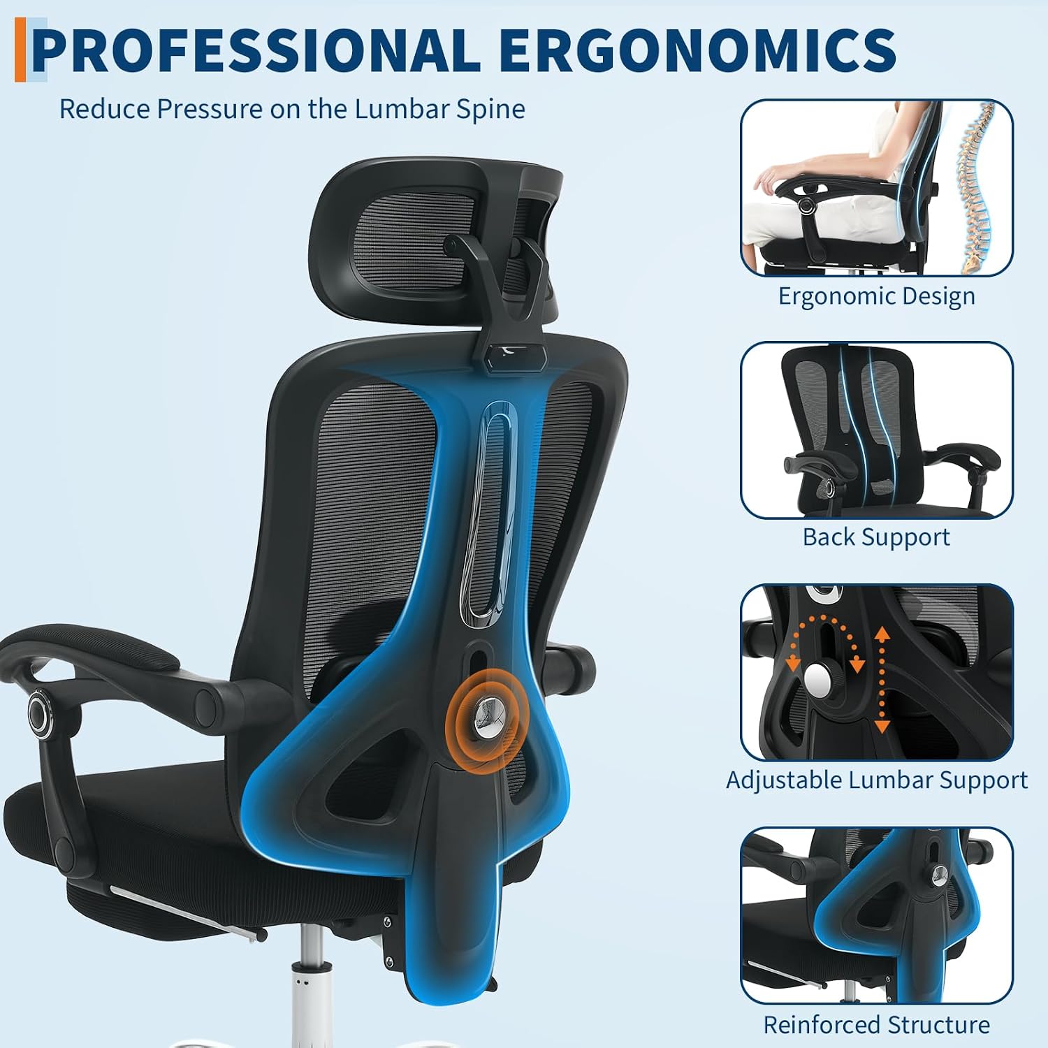 GarveeHome High Back Ergonomic Office Chair with Mesh Back, Retractable Footrest, Adjustable Headrest & Lumbar Support – Wide Computer Desk Chair with Wheels for Home Office or Bedroom, Black