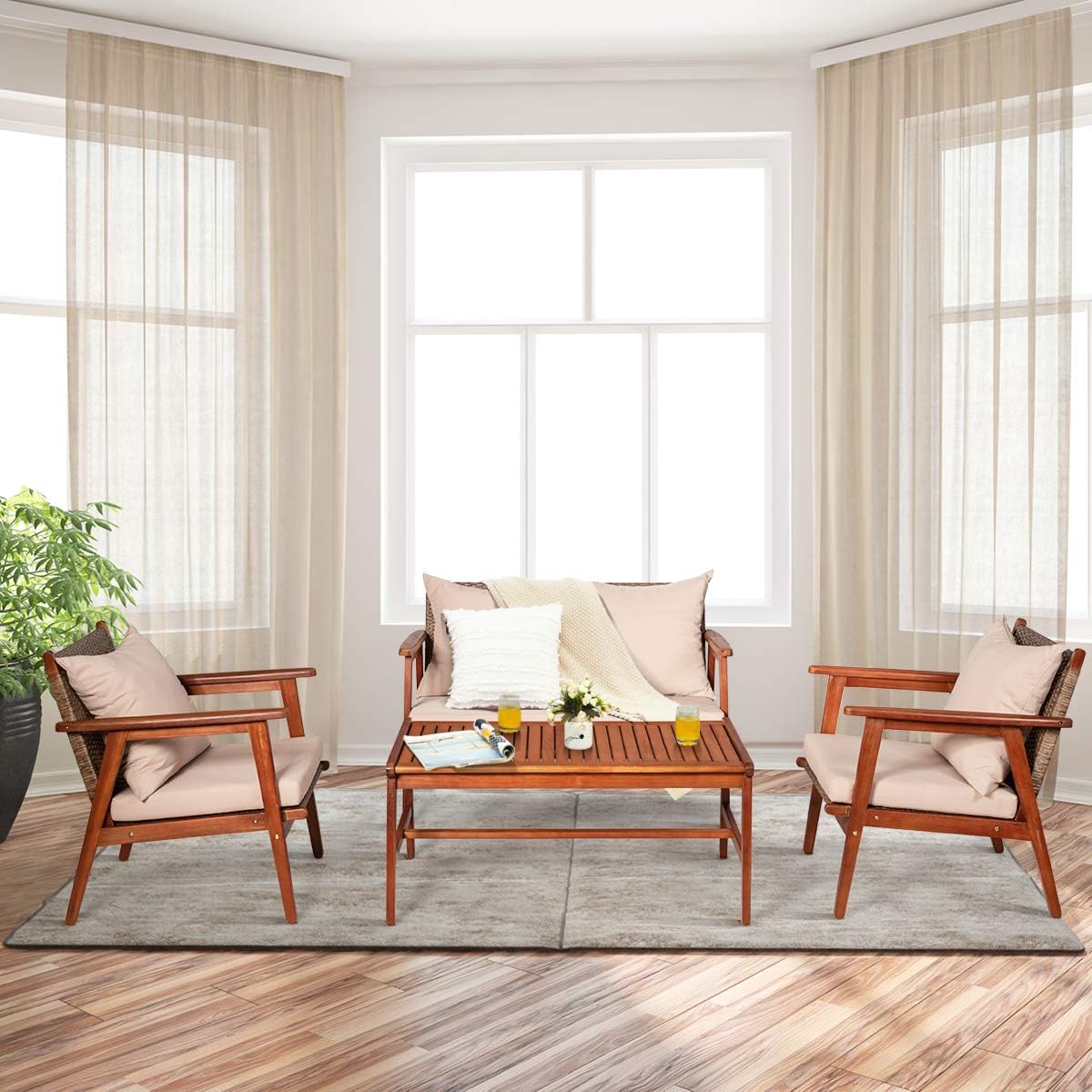 Tangkula 4 PCS Patio Wood Sofa Set, Outdoor Acacia Wood Seating Chat Set with Cushions & Coffee Table, Sectional Conversation Sofa Set for Garden, Backyard, Poolside (1, Brown)
