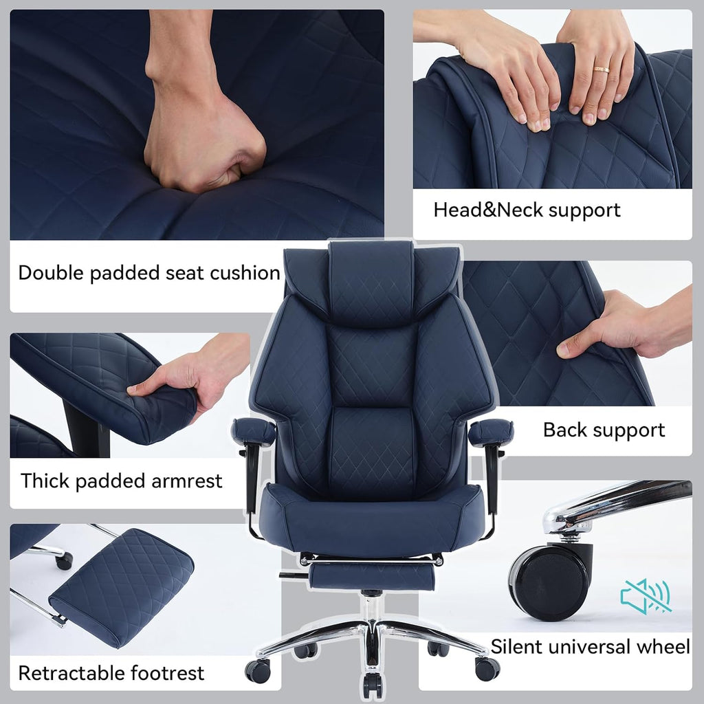 EXCEBET Big and Tall Office Chair with Footrest, PU Leather High Back Executive Office Chair 400lbs, Ergonomic Computer Chairs Lumbar Support for Heavy People (Blue)