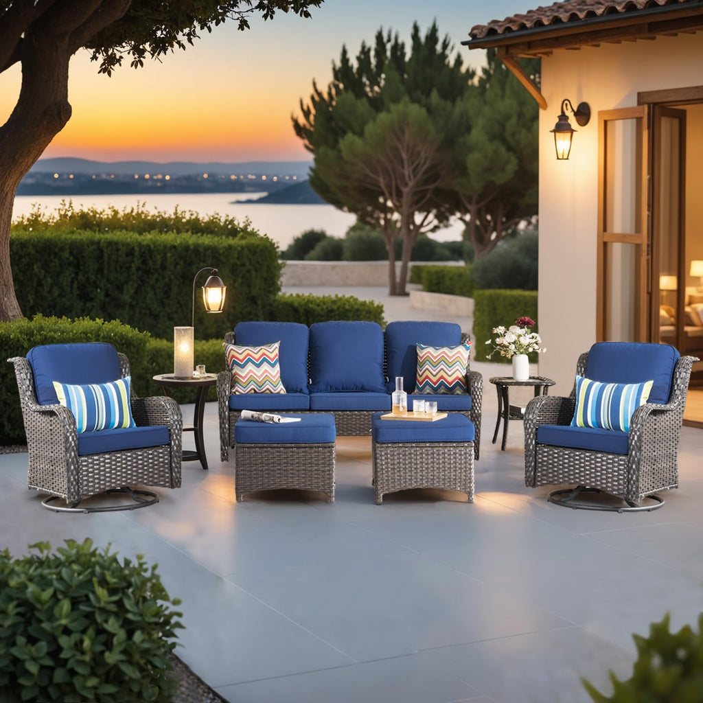 ovios 6-Pieces Patio Furniture Set, Outdoor Wicker Sofa Couch with Swivel Glider Chairs Comfy Cushions, High Back Modern Conversation Set, Brown Rattan, Navy Blue
