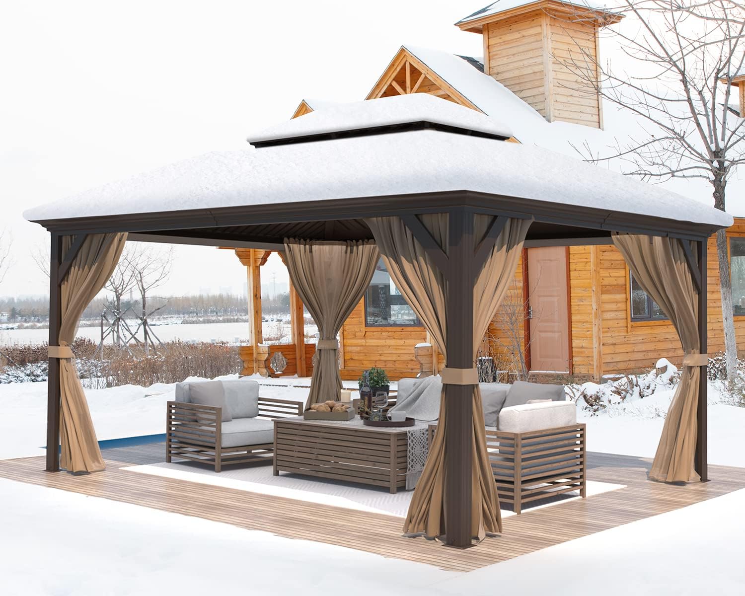 MELLCOM 12' x 14' Hardtop Gazebo, Brown Permanent Pavilion Gazebos with Curtains and Netting, Galvanized Steel Metal Double Roof with Aluminum Frame for Patios, Gardens, Lawns