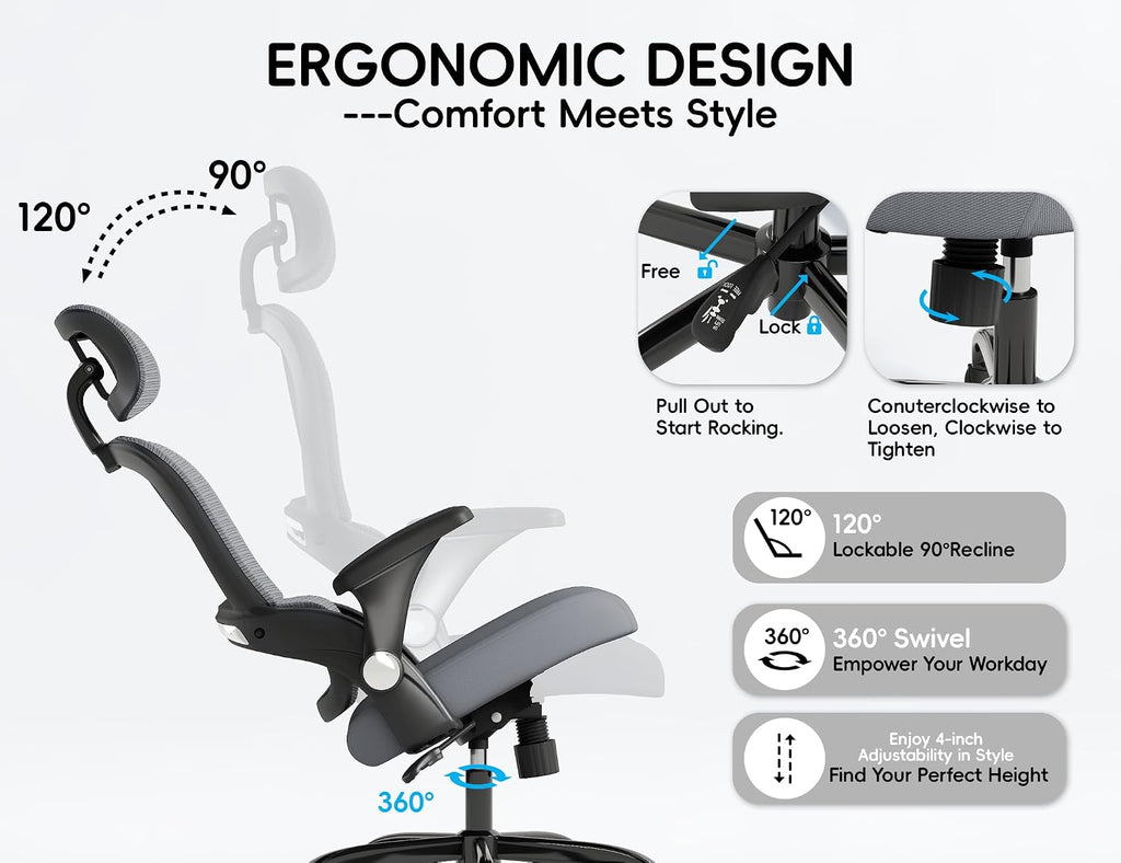 TRALT Office Chair - Ergonomic Office Chair with Back Support, Home Office Desk Chairs, 330lbs Wide Seat Big and Tall Office Chairs with Headrest, Comfy Desk Chairs (Grey Black)