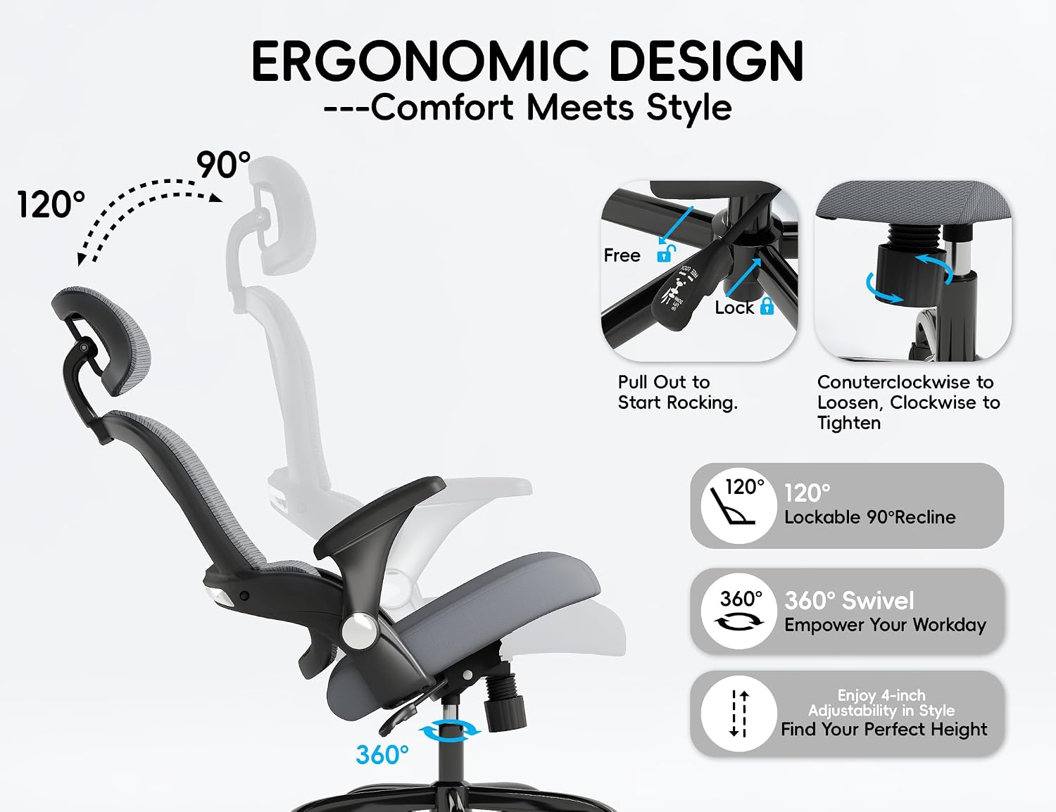 TRALT Office Chair - Ergonomic Office Chair with Back Support, Home Office Desk Chairs, 330lbs Wide Seat Big and Tall Office Chairs with Headrest, Comfy Desk Chairs (Grey Black)