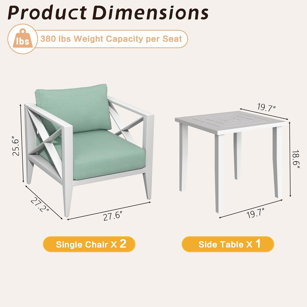 3-Piece Oversized Aluminum Patio Furniture Set, Outdoor Deep Seating Conversation Sofa Set with Coffee Table, 6.1' Cushions, All-Weather Rust-Proof Frame for Backyard, Deck, Balcony-White