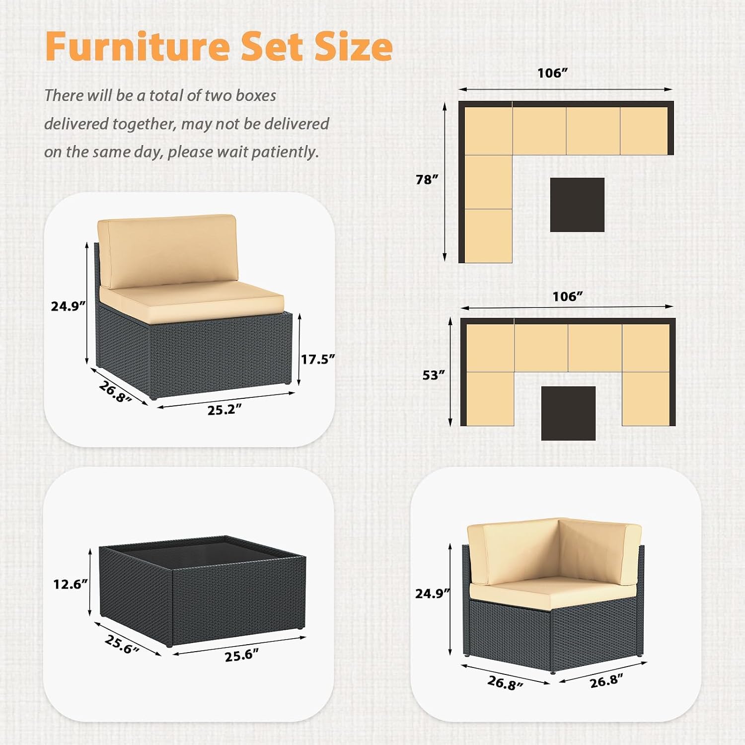 AECOJOY 7 Piece Outdoor Patio Furniture Set, Outdoor Sectional Conversation Furniture Chair with Coffee Table,Patio Sectional for Garden,Backyard(Khaki Cushions and Black PE Rattan, with Cover)
